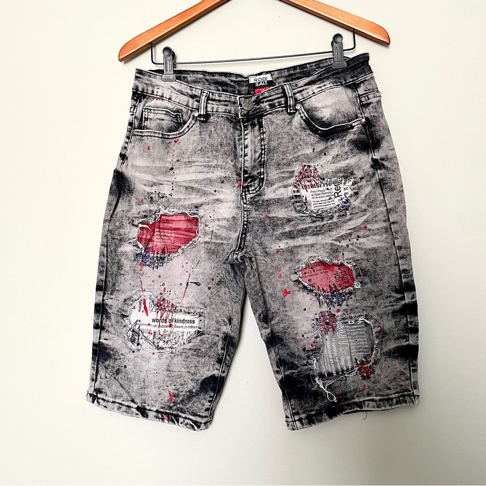 Men’s Rock Salt Distressed Black Denim Shorts Size 34